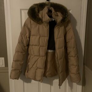 Calvin Klein Tan Puffer Jacket with Faux Fur Hood